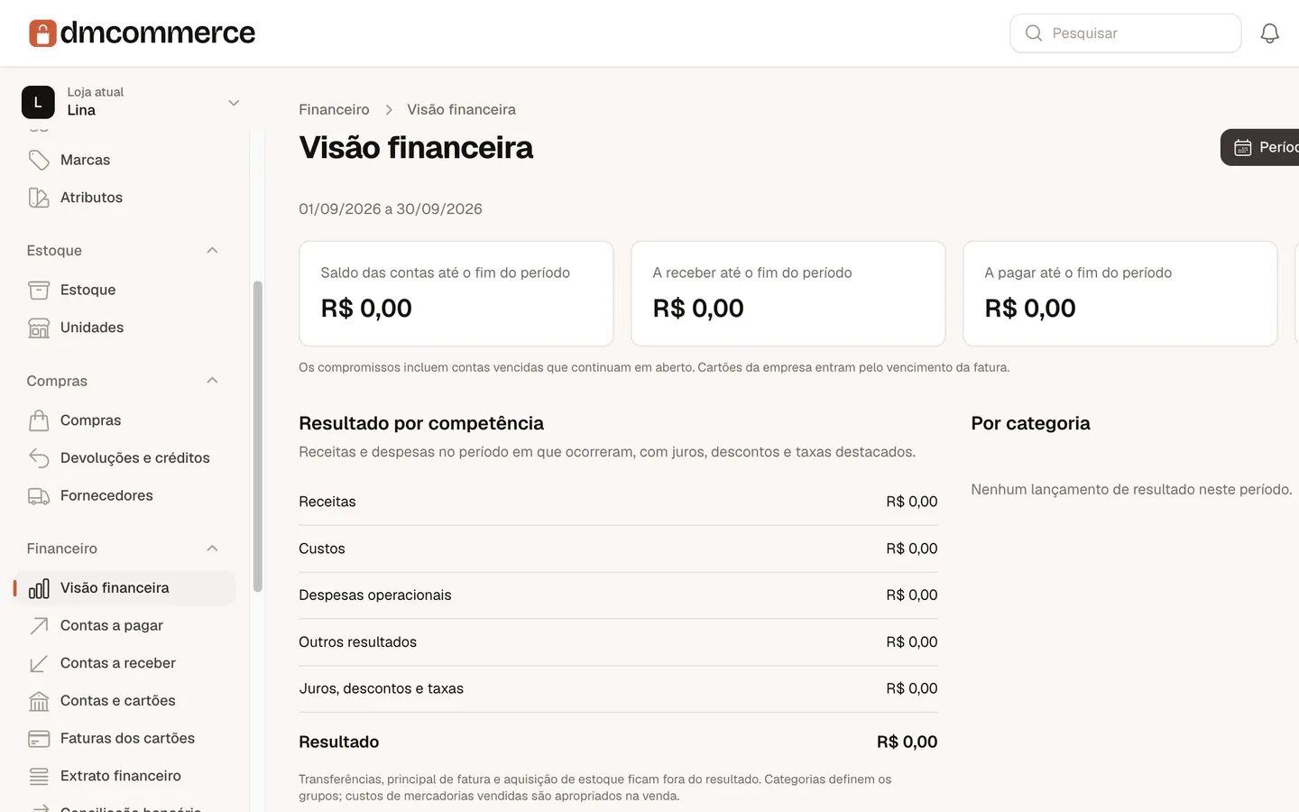 Visão financeira do painel, com saldo, a receber, a pagar e resultado.
