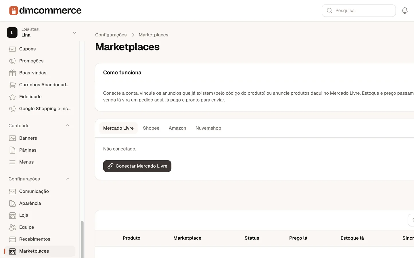 Tela de Marketplaces do painel, com Mercado Livre, Shopee, Amazon e Nuvemshop.
