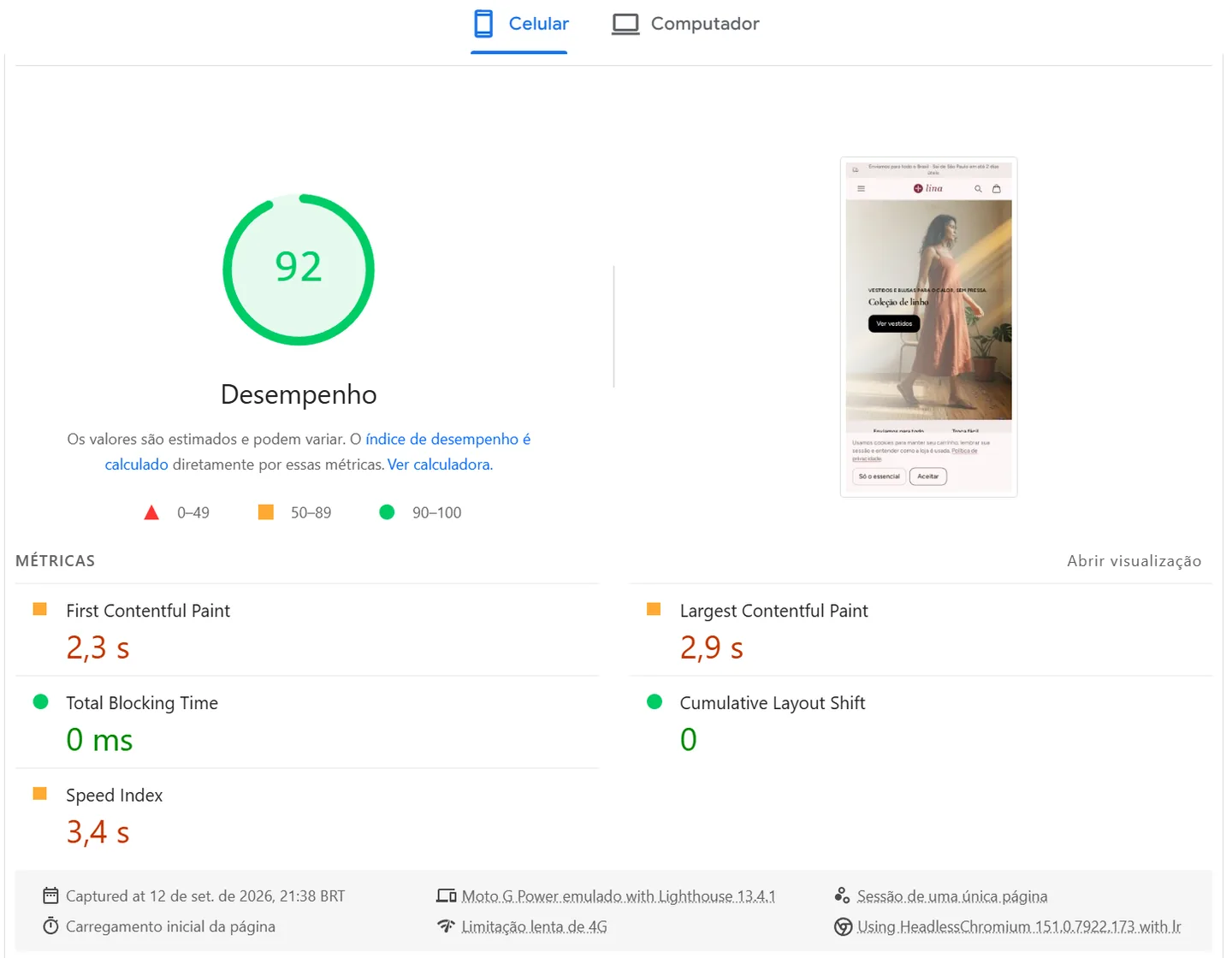 Relatório do PageSpeed Insights da loja Lina no celular: desempenho 92, bloqueio total de 0 ms e deslocamento de layout 0.